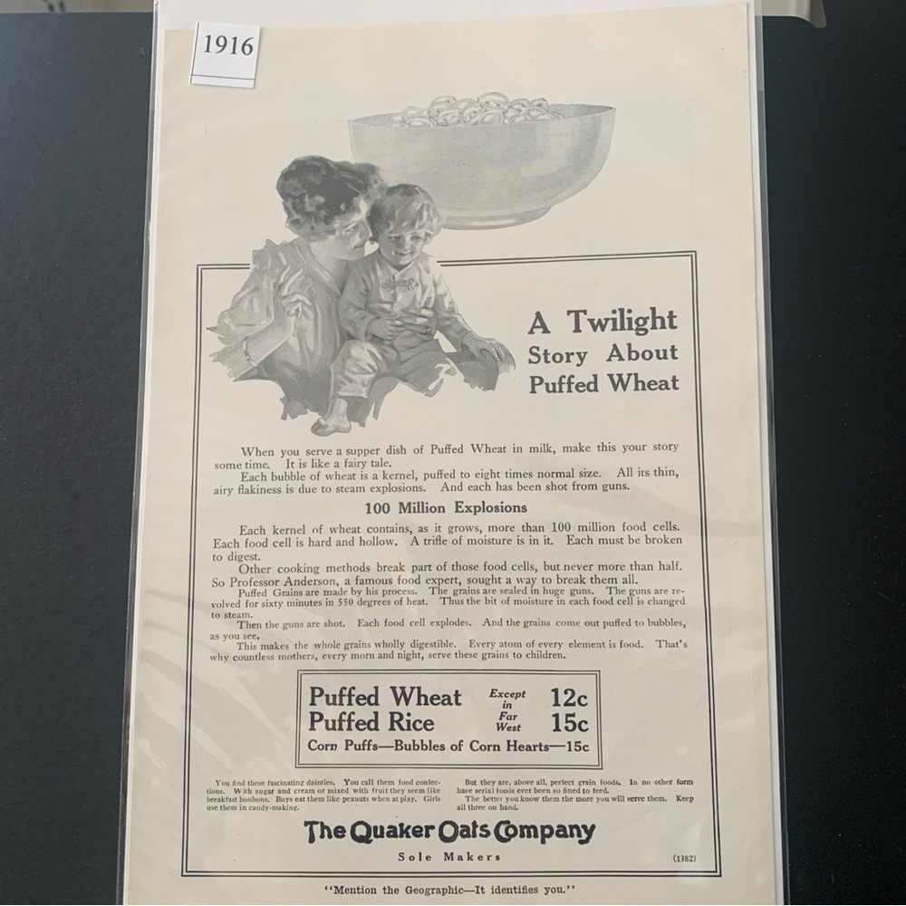 Vintage 1916 Quaker Oats Puffed Wheat Twilight Story Ad Advertisment